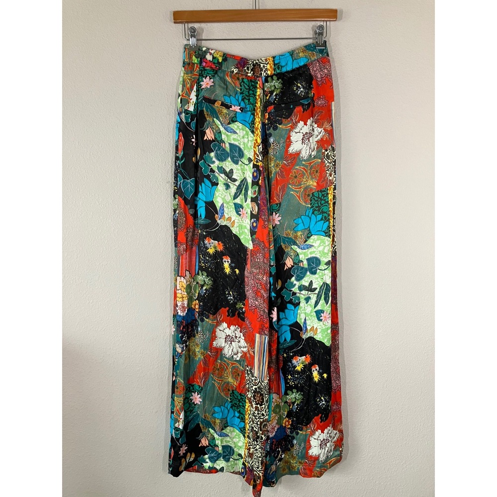 ANTHROPOLOGIE Satin Wide Leg Pants 8 Asian Chinoiserie Print Patchwork Artsy - Picture 12 of 13